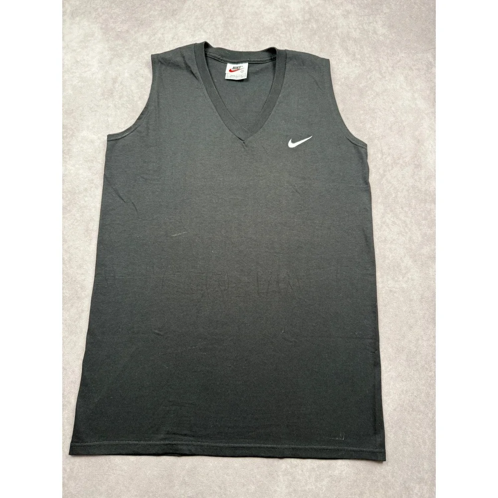 VTG Nike V-Neck Sleeveless Shirt Mens S Black Made in USA Swoosh Logo Gym 90s